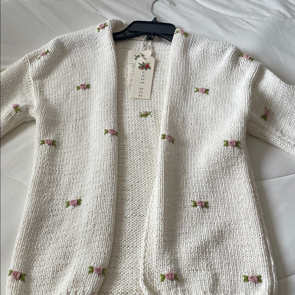 Fanm Mon White Cardigan with Pink and Green Embroidery